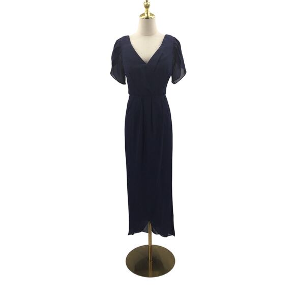 AW BRIDAL SZ 10 L dark navy blue chiffon Osage faux wrap midi dress NEW B78 - Picture 3 of 10